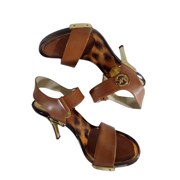MICHAEL KORS! PECAN BROWN GENUINE LEATHER W/GOLD, TORTIE SOLE SANDALS! SZ 6.5M - Picture 4 of 8
